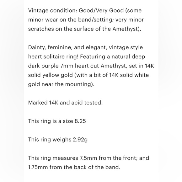 14K Amethyst heart cut deep dark purple solitaire vintage style yellow gold ring - Picture 12 of 12